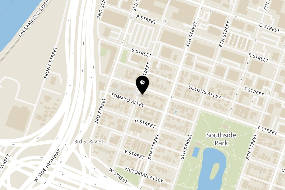 Map showing the location of Bueno Cafe on 400 T St in Sacramento